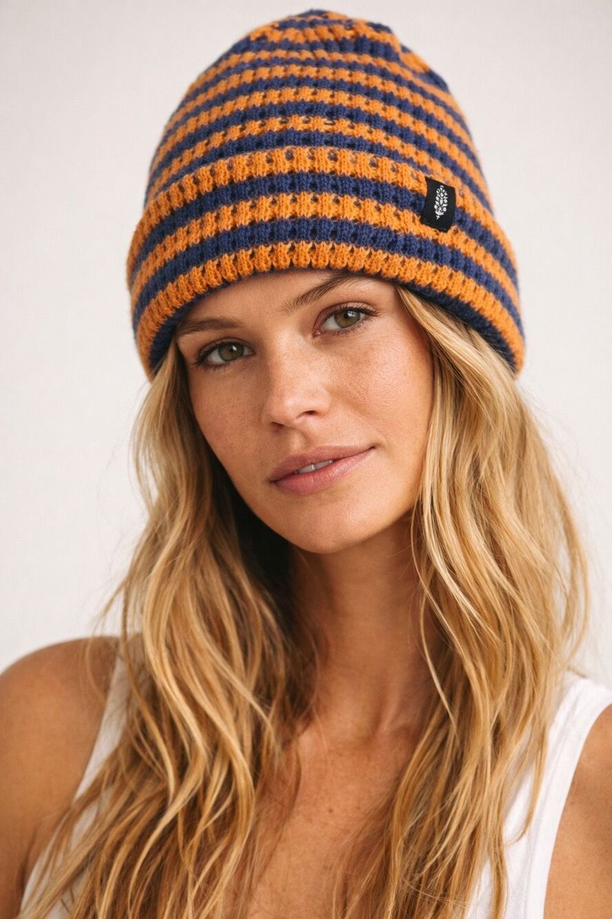 Free People Stripe It Up Beanie Varsity Orange Blue Waffle Knit One Size , NWT
